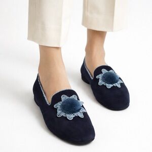 Sarah Flint Navy Suede Fireside House Slippers Rosette IT 36 US 6